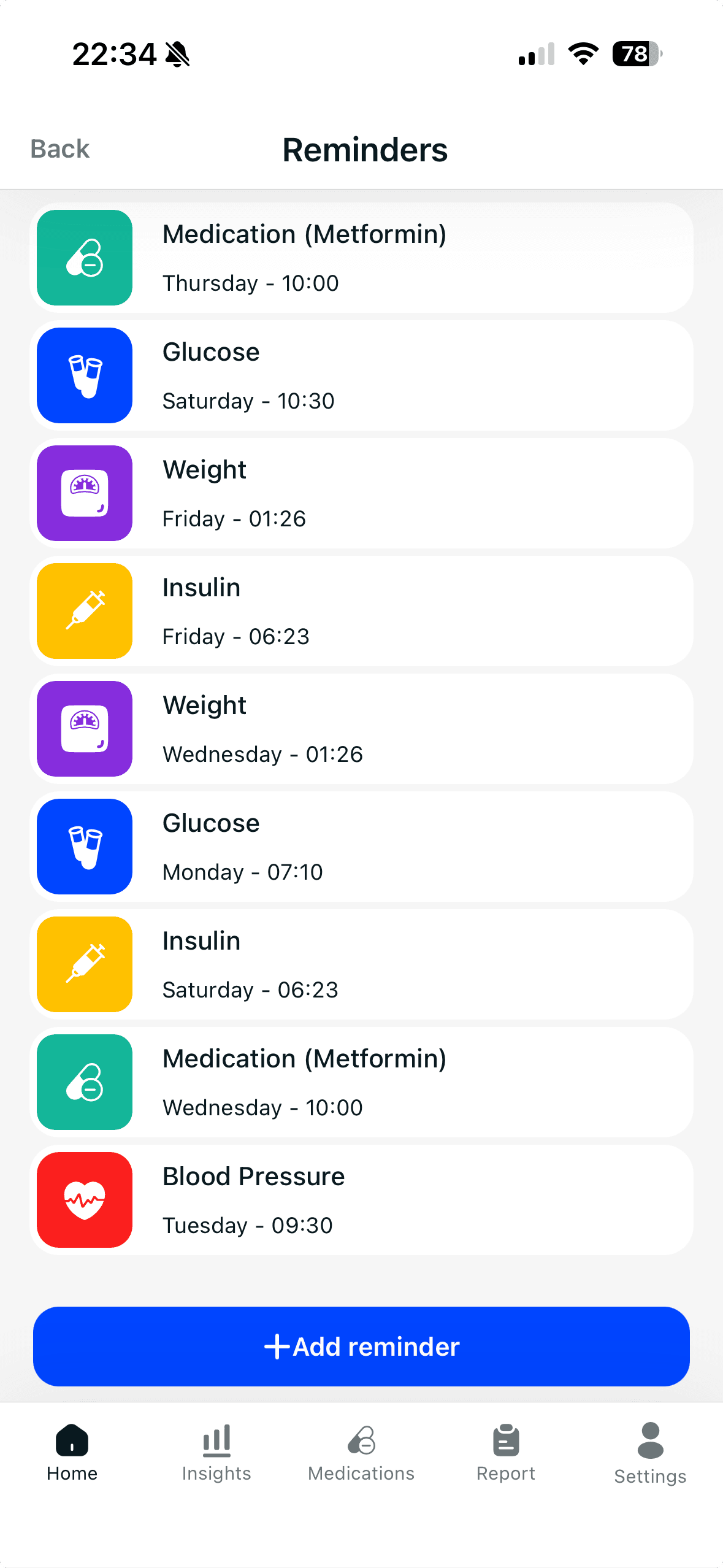 Glucoly reminders list for medication, glucose, insulin and weight