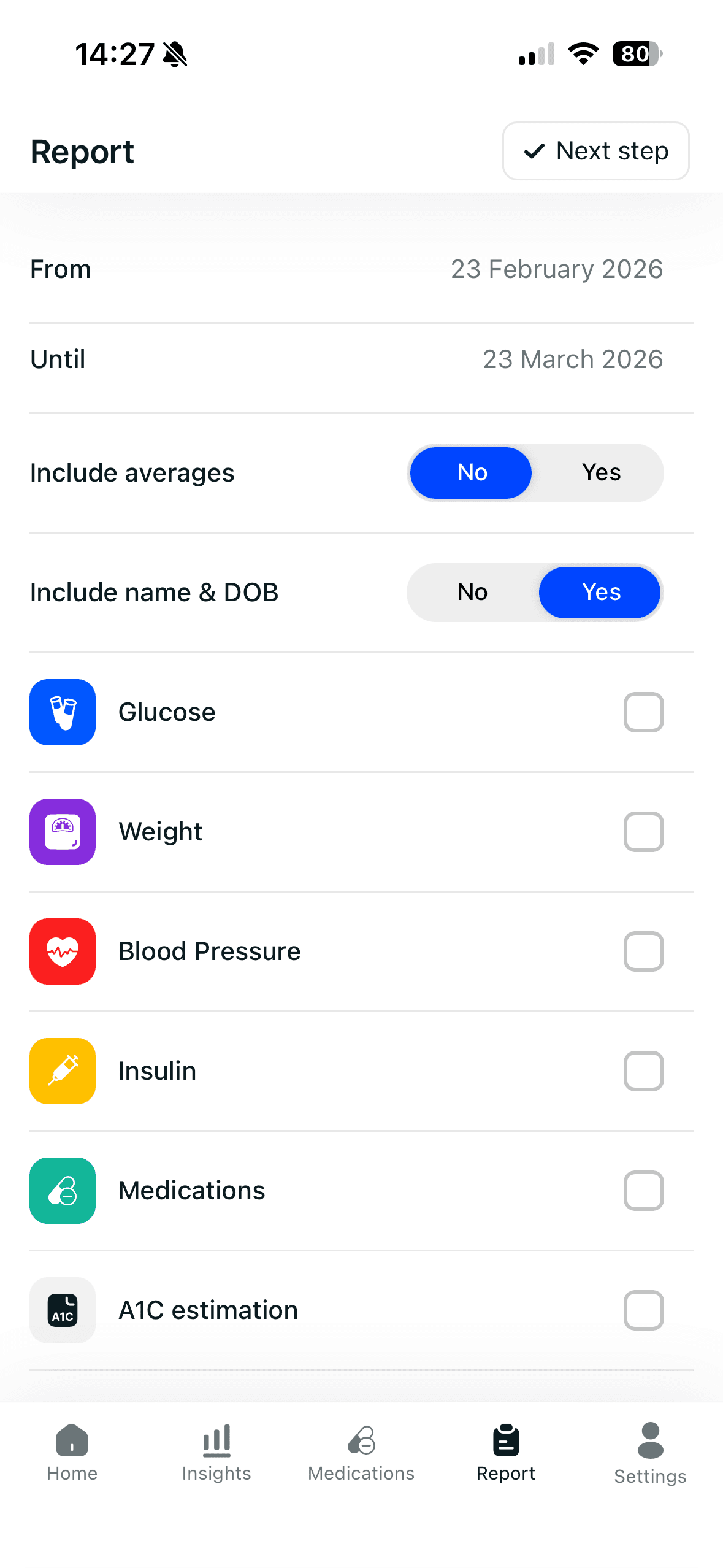 Glucoly report builder with date range and selectable metrics
