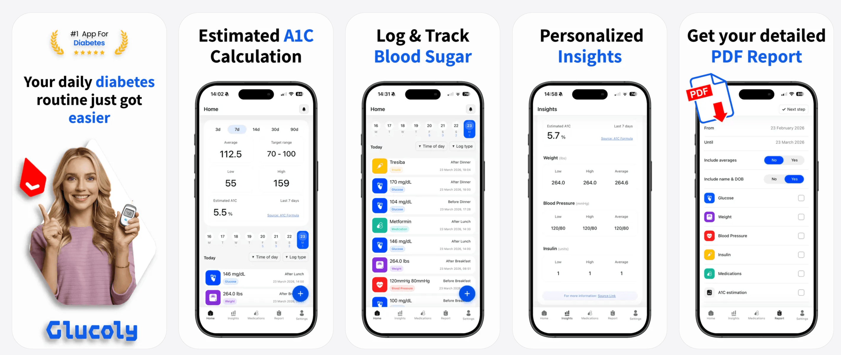 App Glucoly — A1C estimada, registro de glucosa, información personalizada e informes PDF